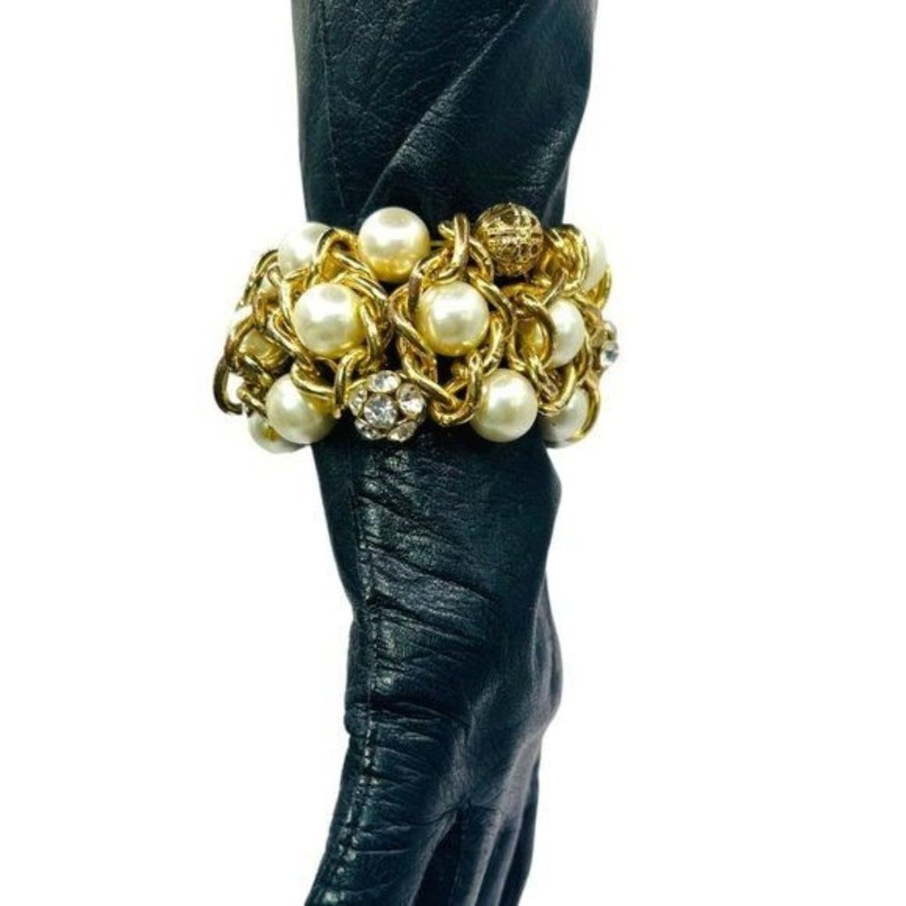 Wide Faux Pearls Crystal Goldtone Weaved Link Stretch Cuff Bridal Mother o Bride - Picture 4 of 10